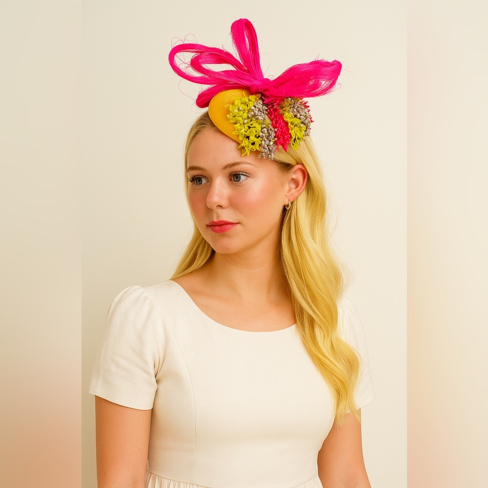 Bright Floral Fascinator Hat with Hot Pink Bow Babies Derby, Tea Party Millinery